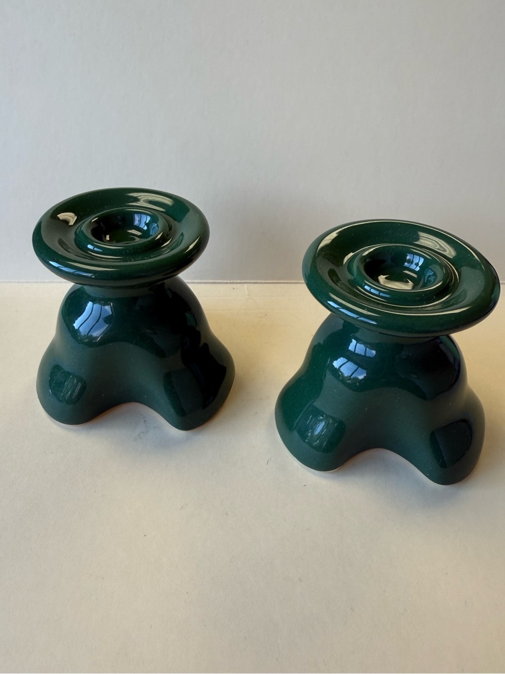 2 Handmade Artist David Liska Signed Hunter Green Ceramic Candlestick Holders